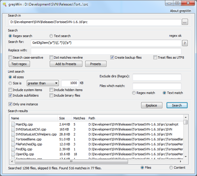 Portable grepWin 1.6.14.673 software screenshot