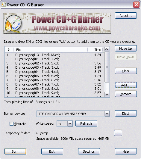 Power CD+G Burner 1.5.1 software screenshot