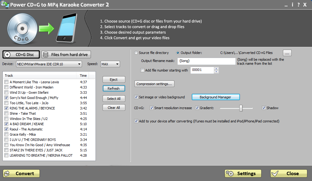 Power CD+G to MP4 Karaoke Converter 2.0.6 software screenshot