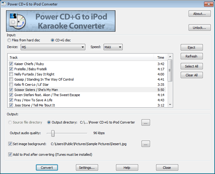 Power CD+G to iPod Karaoke Converter 1.0.23 software screenshot