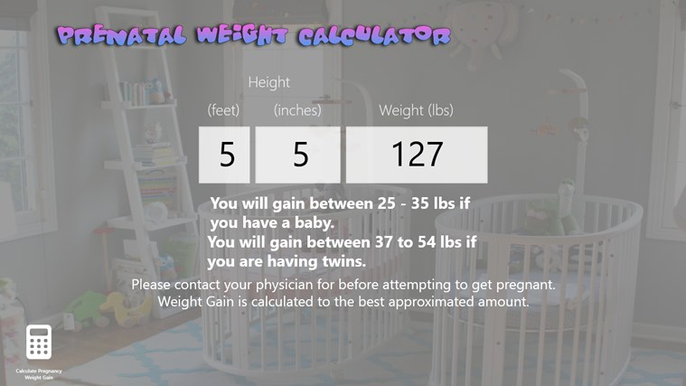 Prenatal Weight Gain Calculator for Windows 8 1.0.0.0 software screenshot
