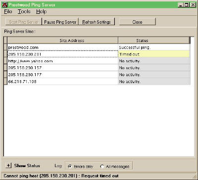 Prestwood Ping Server 1.1 software screenshot