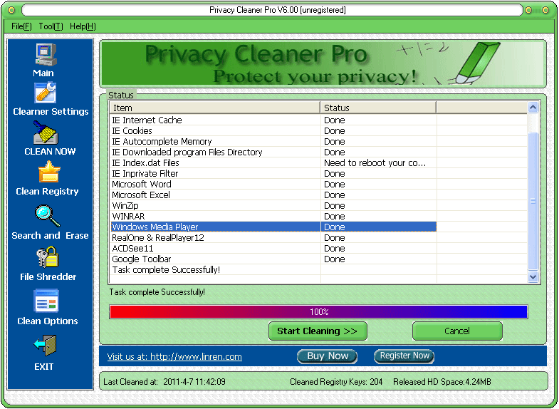 Privacy Cleaner Pro 6.00 software screenshot