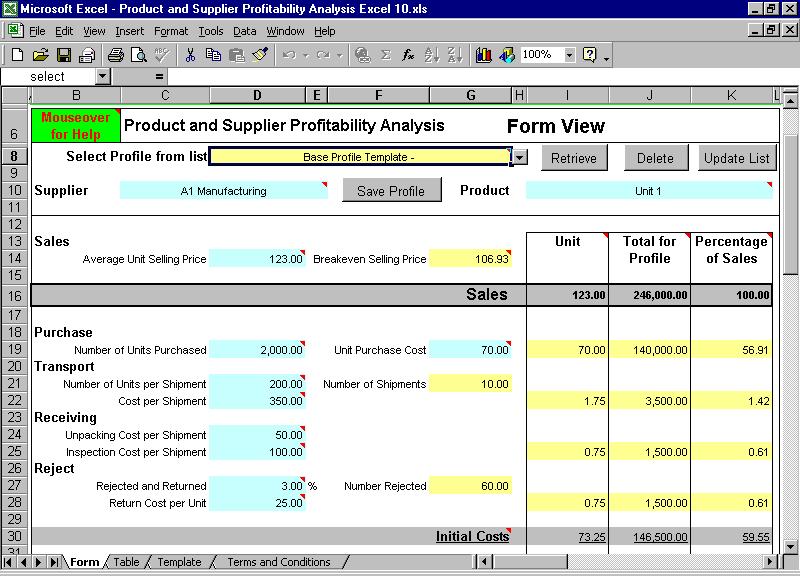 Product and Supplier Profitability Excel 30 software screenshot