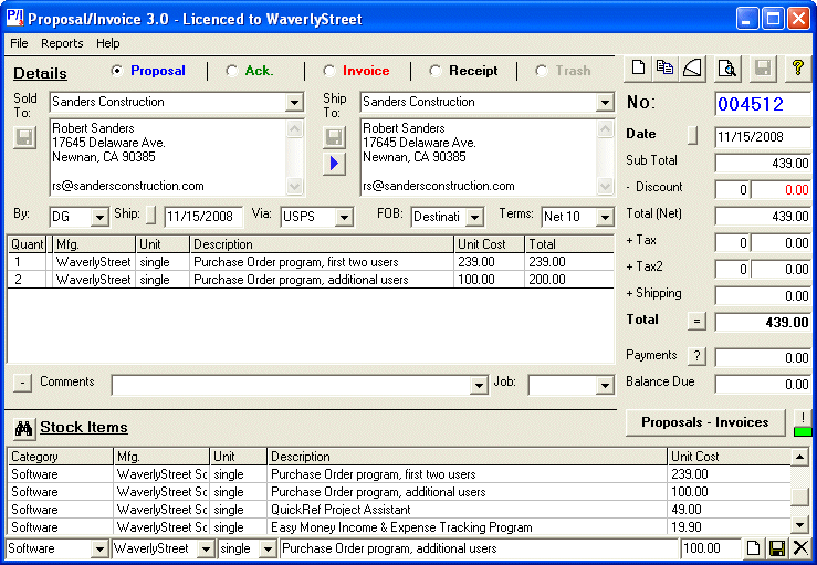 Proposal-Invoice 3.1.01 software screenshot