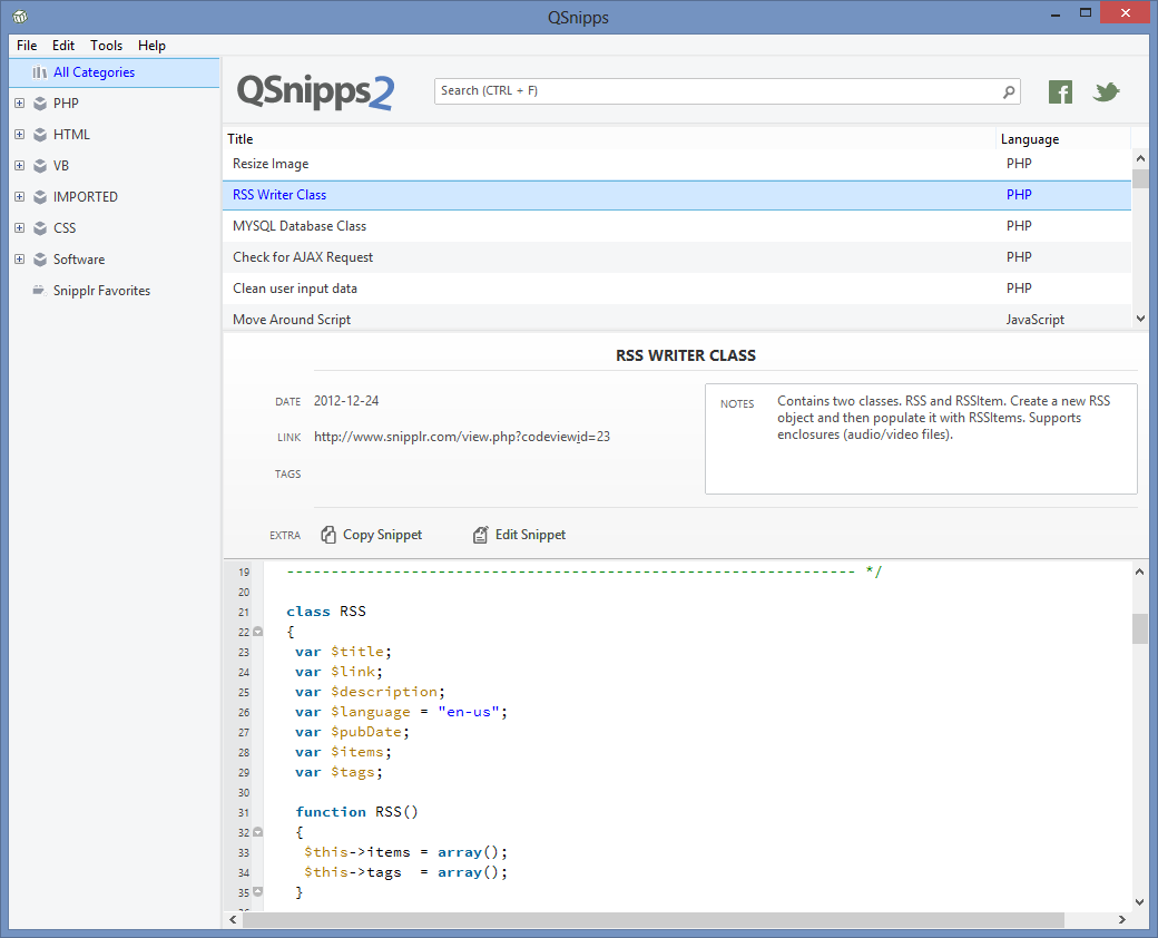 QSnipps 2.0.59 software screenshot