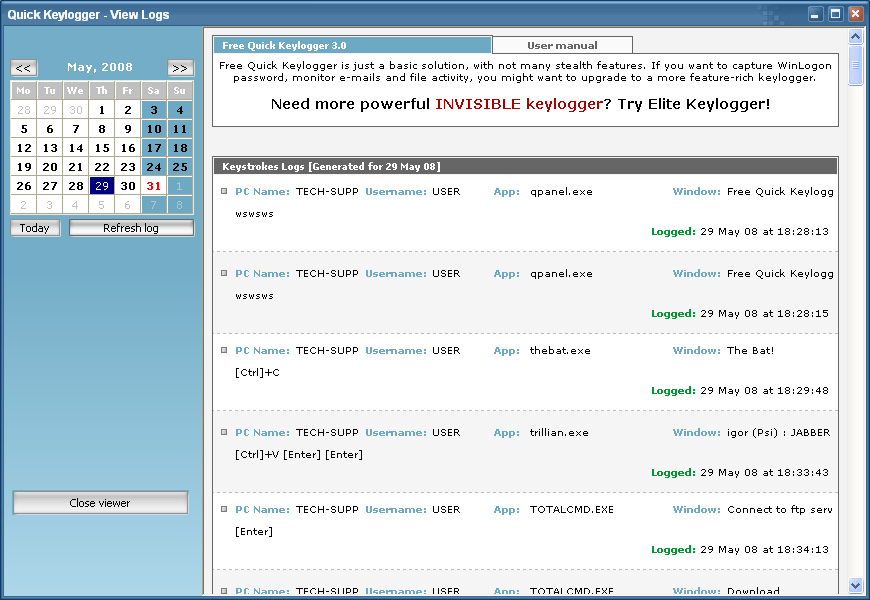Quick Free Keylogger 3.0 software screenshot