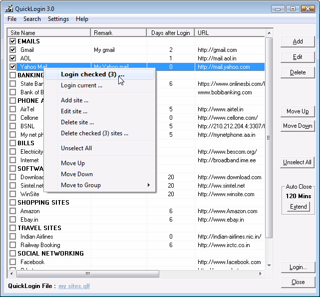 QuickLogin 3.0 software screenshot