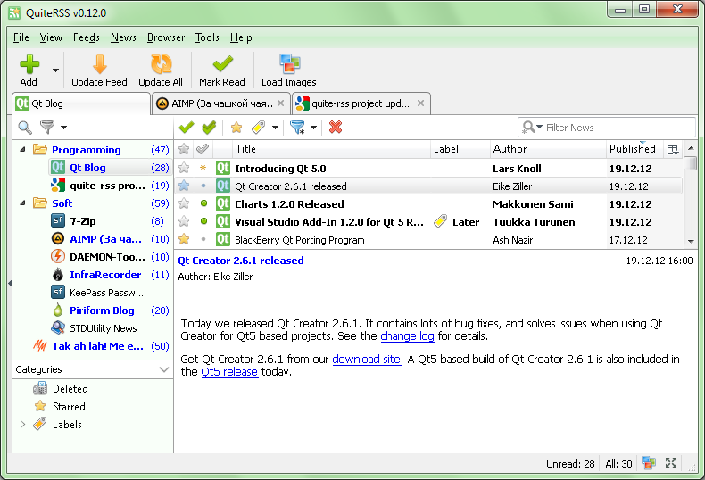 QuiteRSS Portable 0.18.3 software screenshot