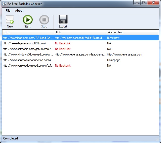 RA Free BackLink Checker 1.0.0.0 software screenshot