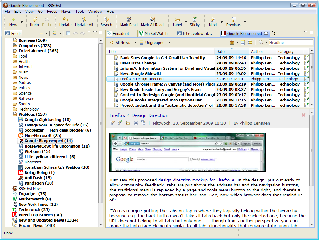 RSSOwl 2.1.6 software screenshot