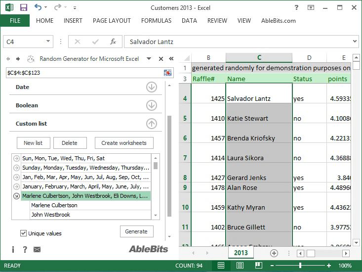 Random Generator for Microsoft Excel 5.0.30.110 software screenshot