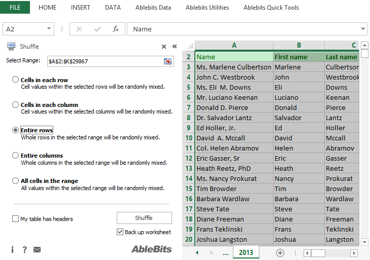 Random Sorter for Microsoft Excel 3.0.22.102 software screenshot