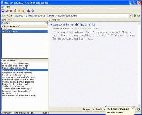 Recover Data RSS Reader 2.0.5 software screenshot