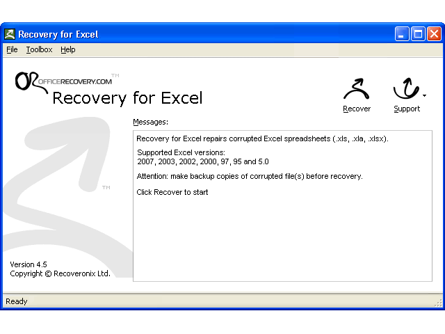 Recovery for Excel 4.6.1007 software screenshot