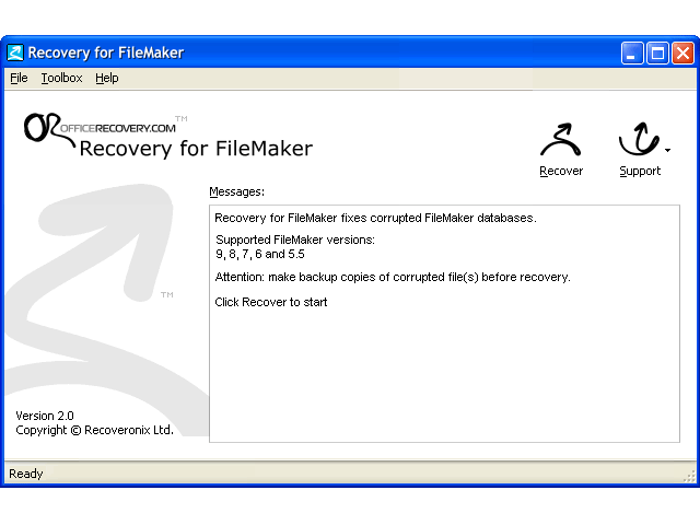Recovery for FileMaker 2.0.0938 software screenshot
