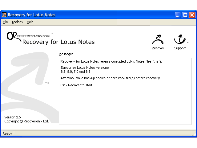 Recovery for Lotus Notes 2.5.0932 software screenshot