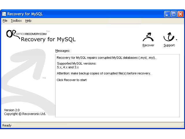 Recovery for MySQL 2.0.0925 software screenshot