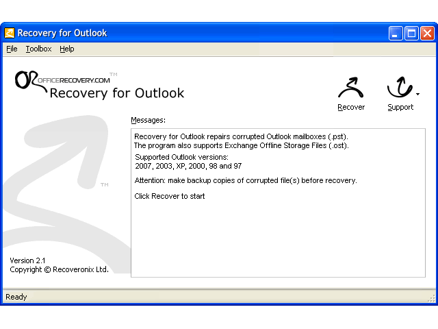Recovery for Outlook 3.0.1012 software screenshot