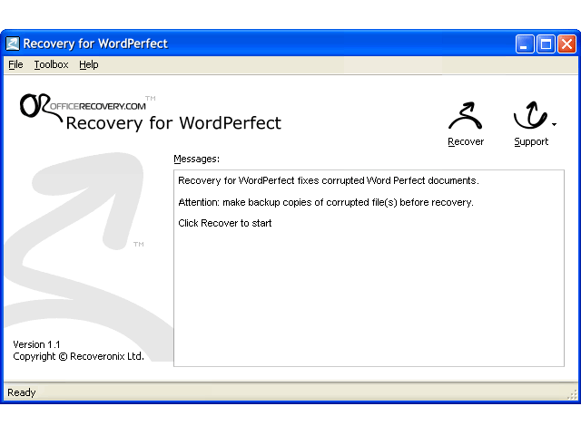 Recovery for WordPerfect 1.1.0922 software screenshot