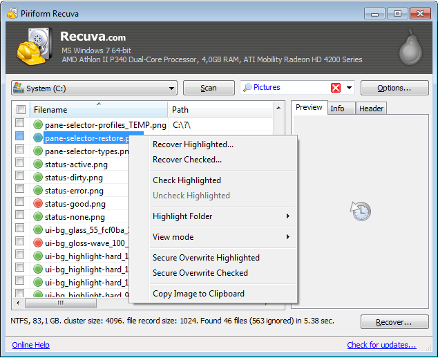 Recuva 1.53.1087 software screenshot