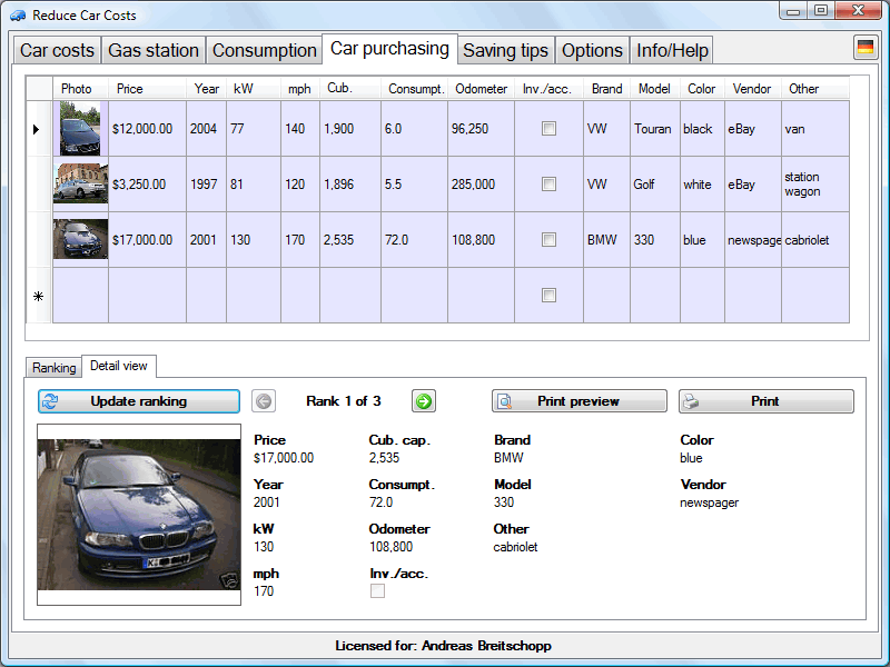 Reduce Car Costs 1.2.3 software screenshot