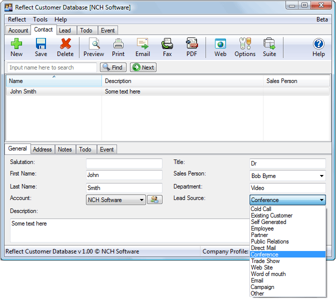 Reflect Customer Database 3.01 software screenshot