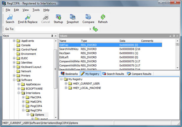 RegCOPA Registry Editor 3.01 software screenshot