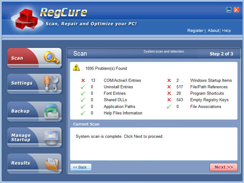 RegCure Registry Cleaner 4.6.17 software screenshot