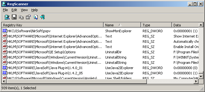 RegScanner 2.17 software screenshot