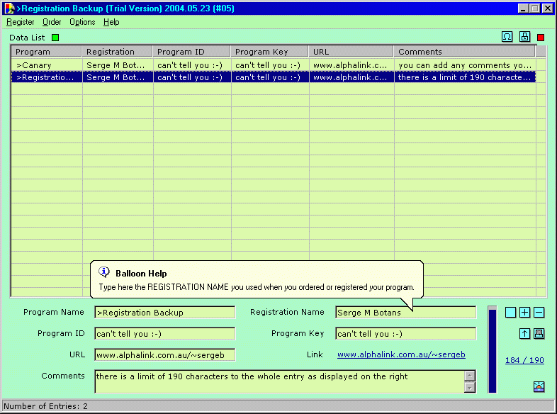 Registration Backup 2004.09.24 software screenshot