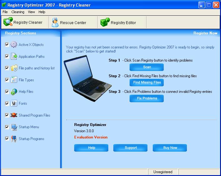 Registry Optimizer 2007 software screenshot