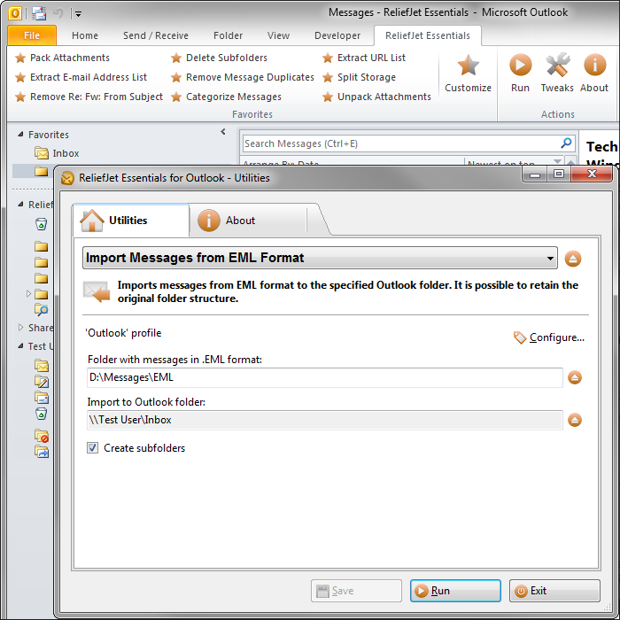 ReliefJet Essentials for Outlook 4.5.2 software screenshot
