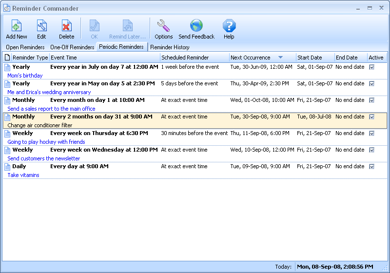 Reminder Commander 4.04 software screenshot