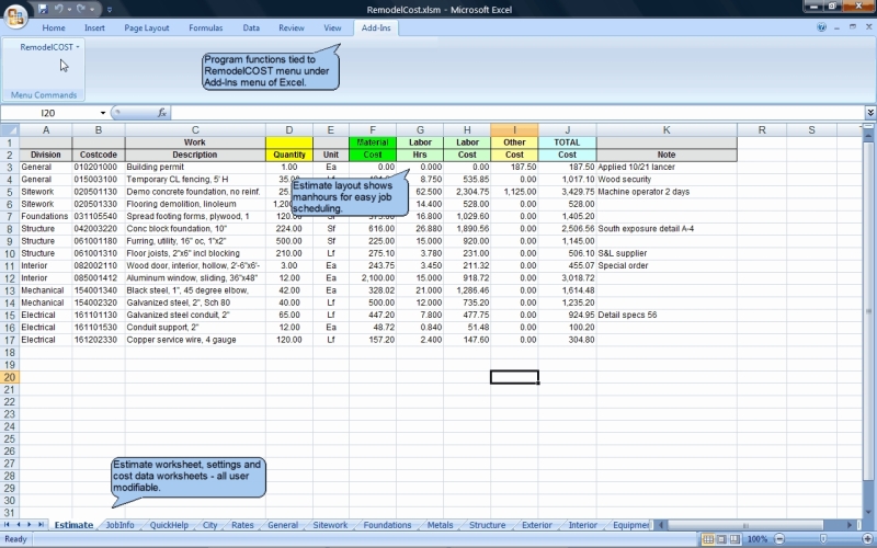 RemodelCost Estimator for Excel 14.00.0000 software screenshot