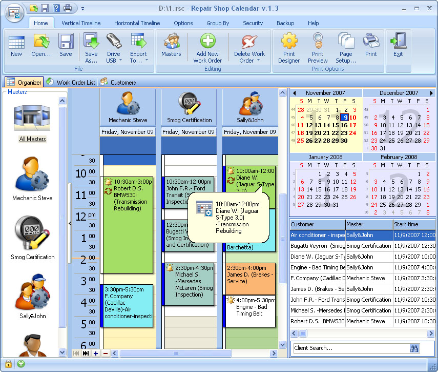 Repair Shop Calendar for Workgroup 4.1 software screenshot