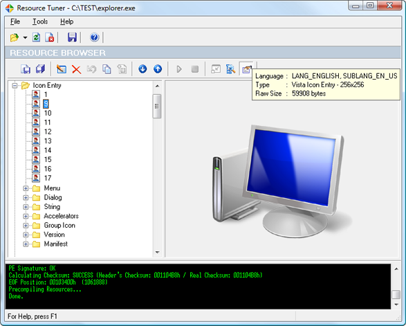 Resource Tuner 2.05 software screenshot