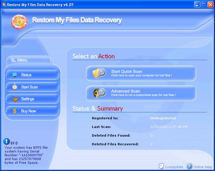 Restore My Files 2007 software screenshot