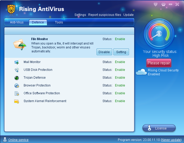 Rising Antivirus 2011 23.00.67.35 software screenshot