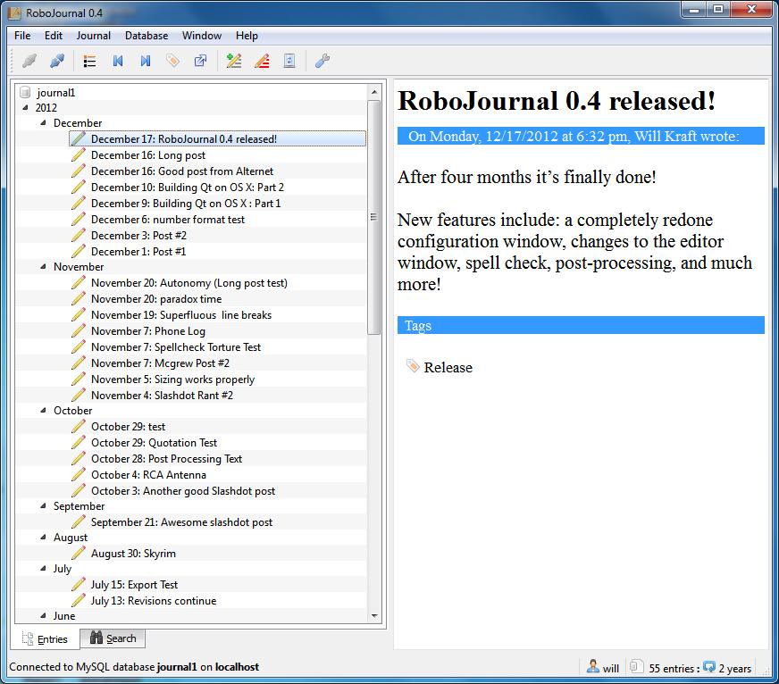 RoboJournal 0.4.1 software screenshot