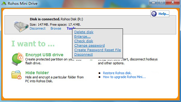 Rohos Mini Drive 2.0 software screenshot