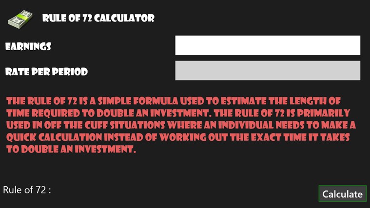 Rule of 72 Calculator 1.0.0.0 software screenshot