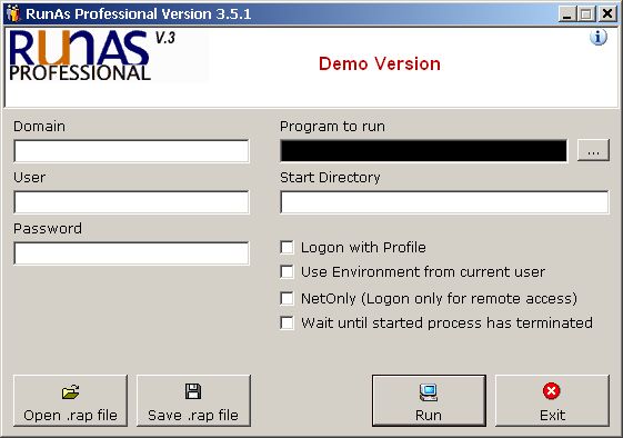 RunAs Professional 3 software screenshot