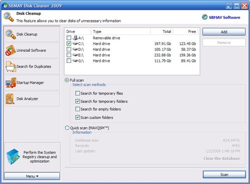 SBMAV Disk Cleaner 3.50.0.1326 software screenshot