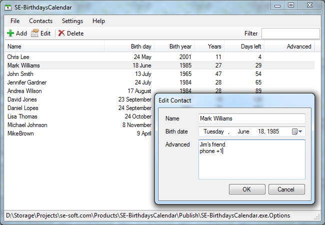 SE-BirthdaysCalendar 1.4.1.30 software screenshot