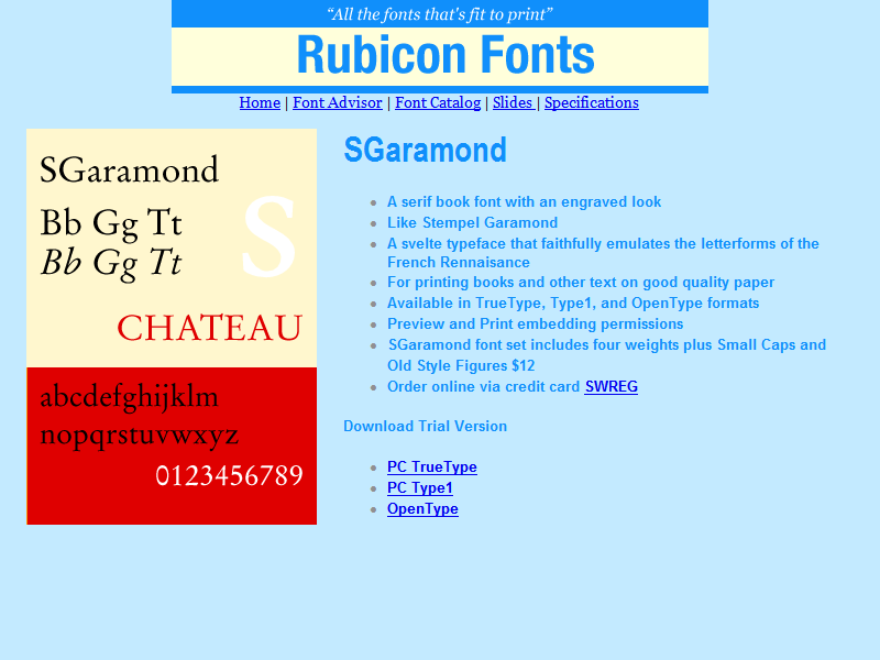 SGaramond Font Type1 2.00 software screenshot