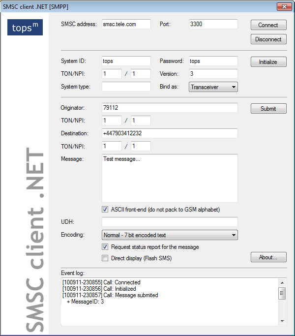 SMSC client .NET for SMPP, UCP, CIMD2 and SEMA 4.0.63 software screenshot