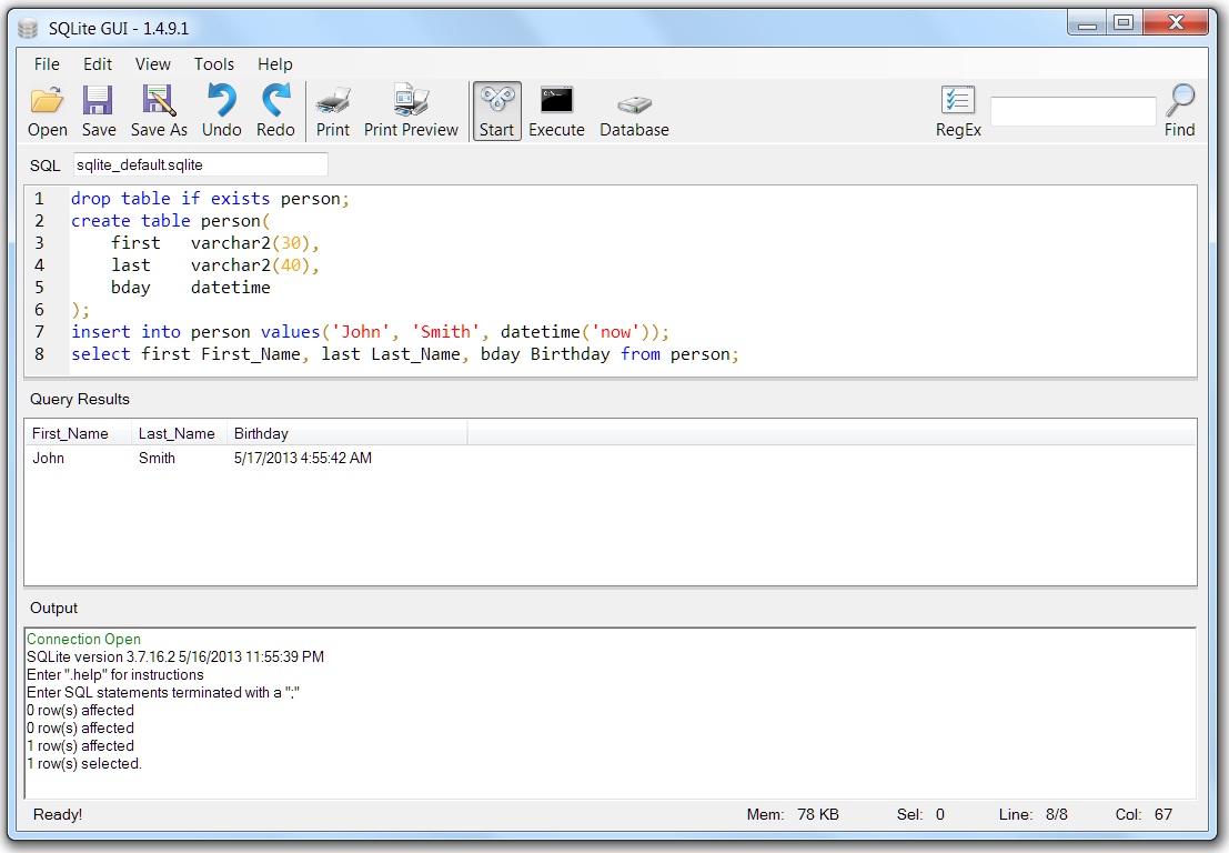 SQLite GUI 1.4.9.1 software screenshot