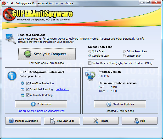 SUPERAntiSpyware Tech Edition 5.6.1020 software screenshot
