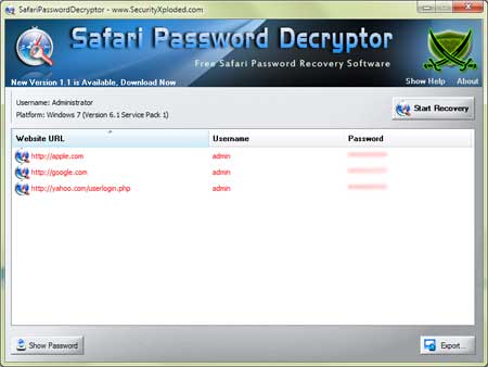 Safari Password Decryptor Portable 2.0 software screenshot